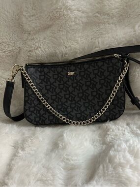 DKNY Black and Gray Monogram Crossbody with Gold Chain